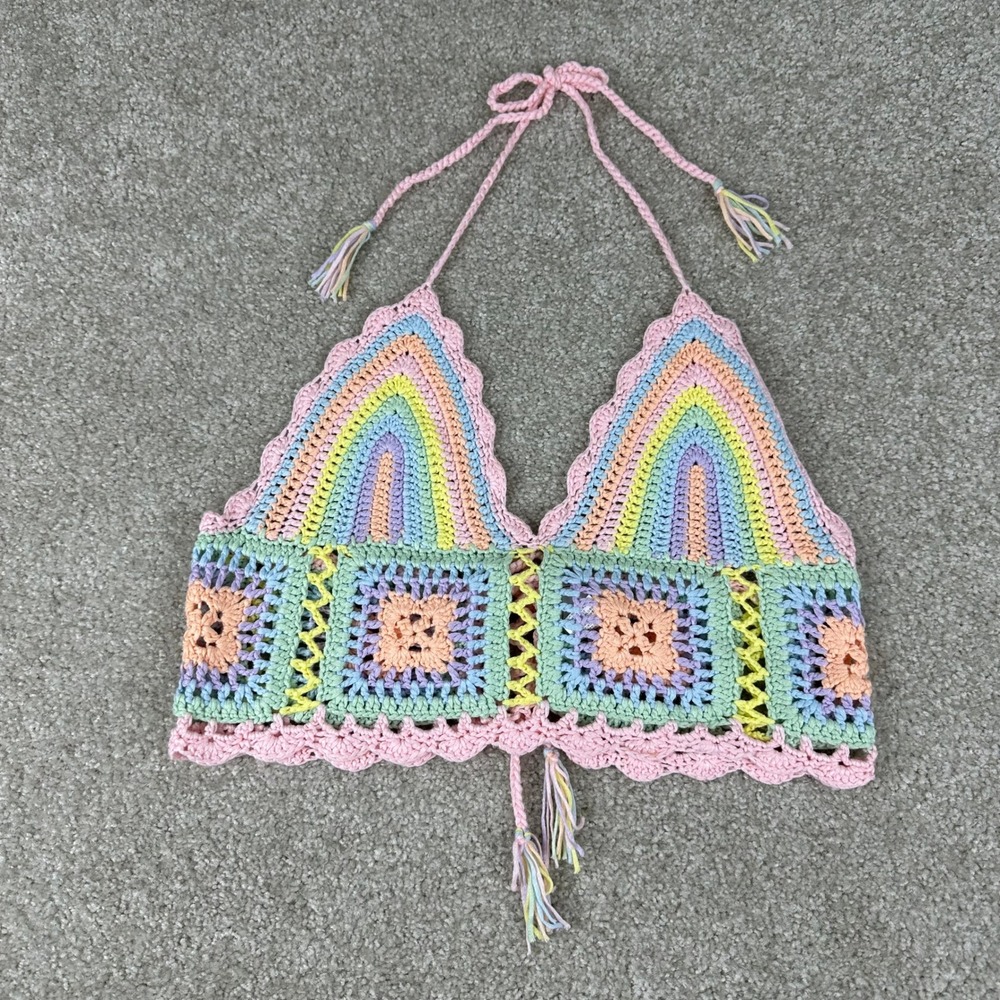 WoWo Pastel Rainbow Crochet Halter Top Granny Square Festival Boho Pink Large